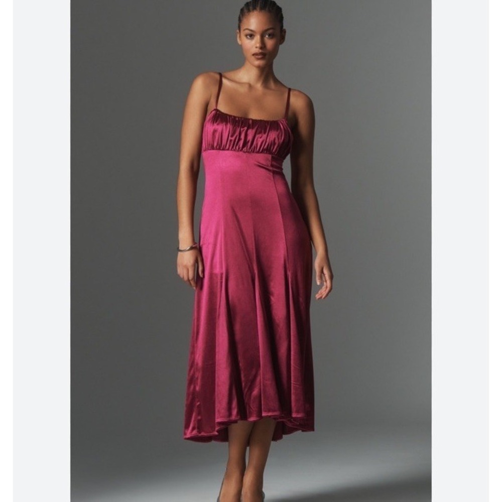 Anthropologie Maeve‎ Sleeveless Drop-Waist Midi Dress Sz Petite S Pink Satin